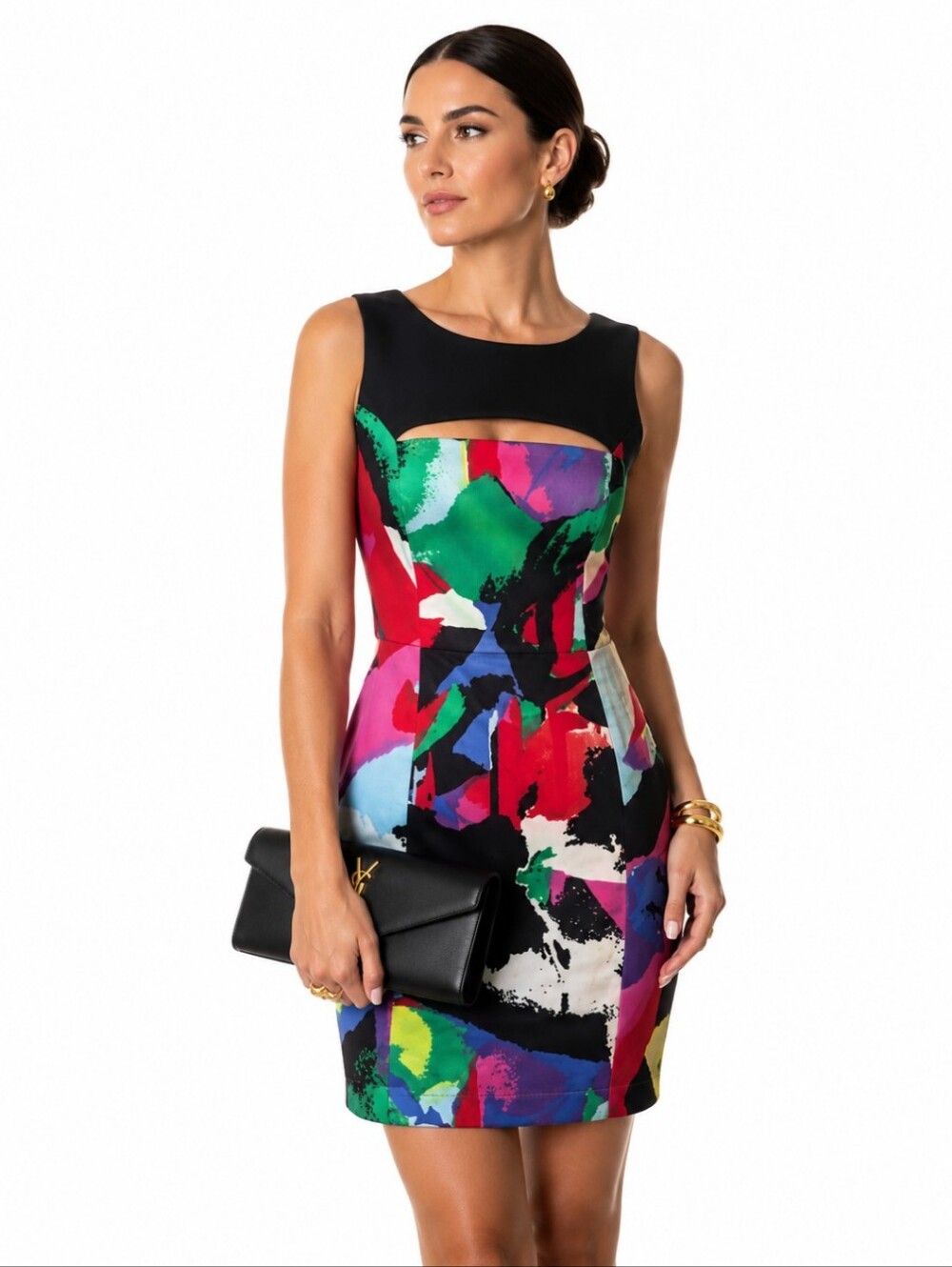 Black Halo Whimsical Colorful Luxe Pattern Party Dress black Cut Out chest sz 4